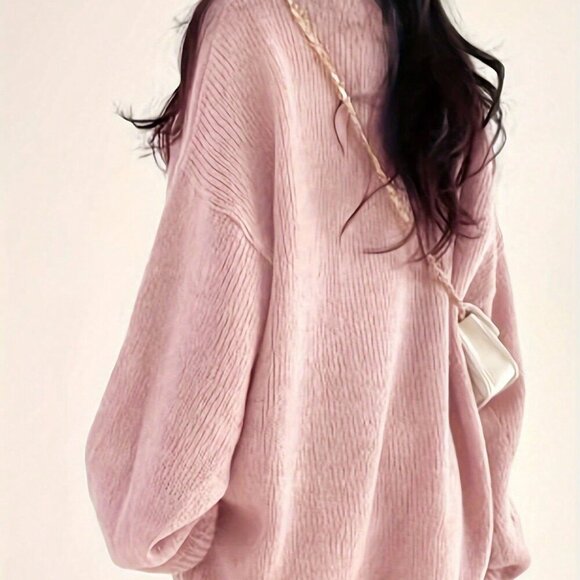 Pink Casual Women's V-Neck Loose Oversized knit Sweater - Picture 5 of 5